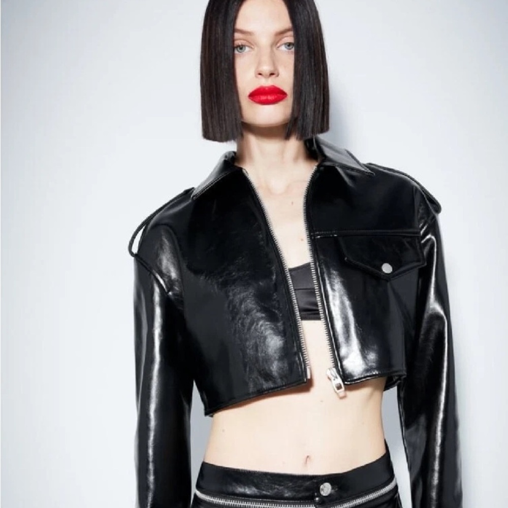 Zara Black Cropped Faux Leather Jacket with Epaulets Size Medium